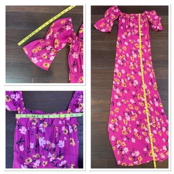 Flynn Skye Berry Floral Kiss Off Shoulder Short Smocked Sleeve Maxi Dress Small - Picture 10 of 10
